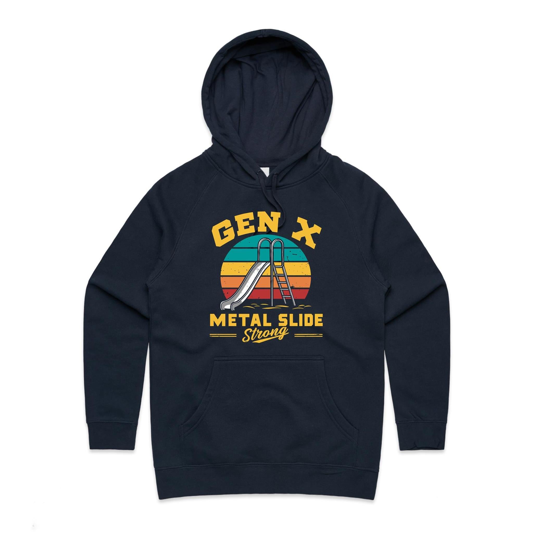 Gen X, Metal Slide Strong - Womens Hoodie Navy Womens Hoodie Printed In Australia