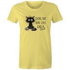 Living That nine Lives Kind Of Tired, Frazzled Cat - Womens T-shirt Yellow Womens T-shirt animal Coffee Printed In Australia