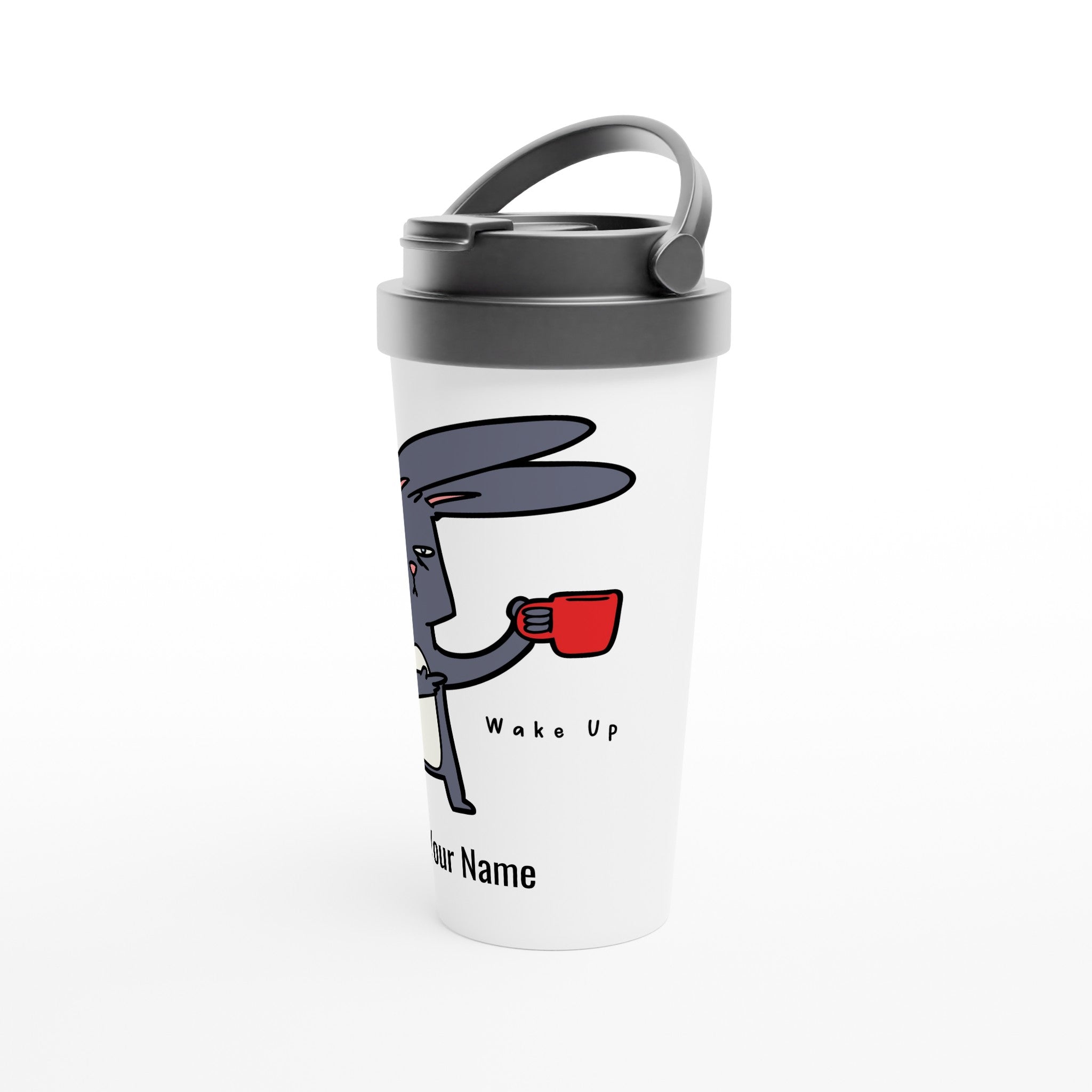 Personalised Wake Up, Coffee Rabbit White 15oz Stainless Steel Travel Mug Personalised Travel Mug animal Coffee Customise Globally Fulfilled Personalise