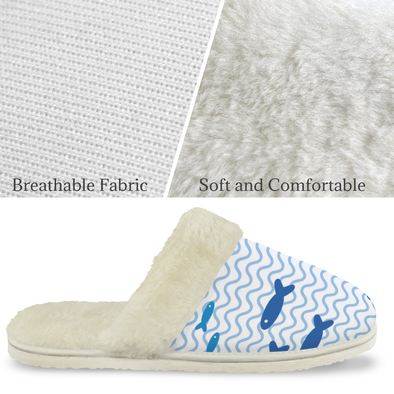 Simple Blue Fish Men's Fur Trim Thick-Sole Indoor Slippers Men's Fur Trimmed Slippers animal Ocean Printed Offshore