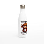 Personalise - Coffee First, Questions Later, Highland Cow - White 17oz Stainless Steel Water Bottle Personalised Water Bottle animal Coffee Globally Fulfilled