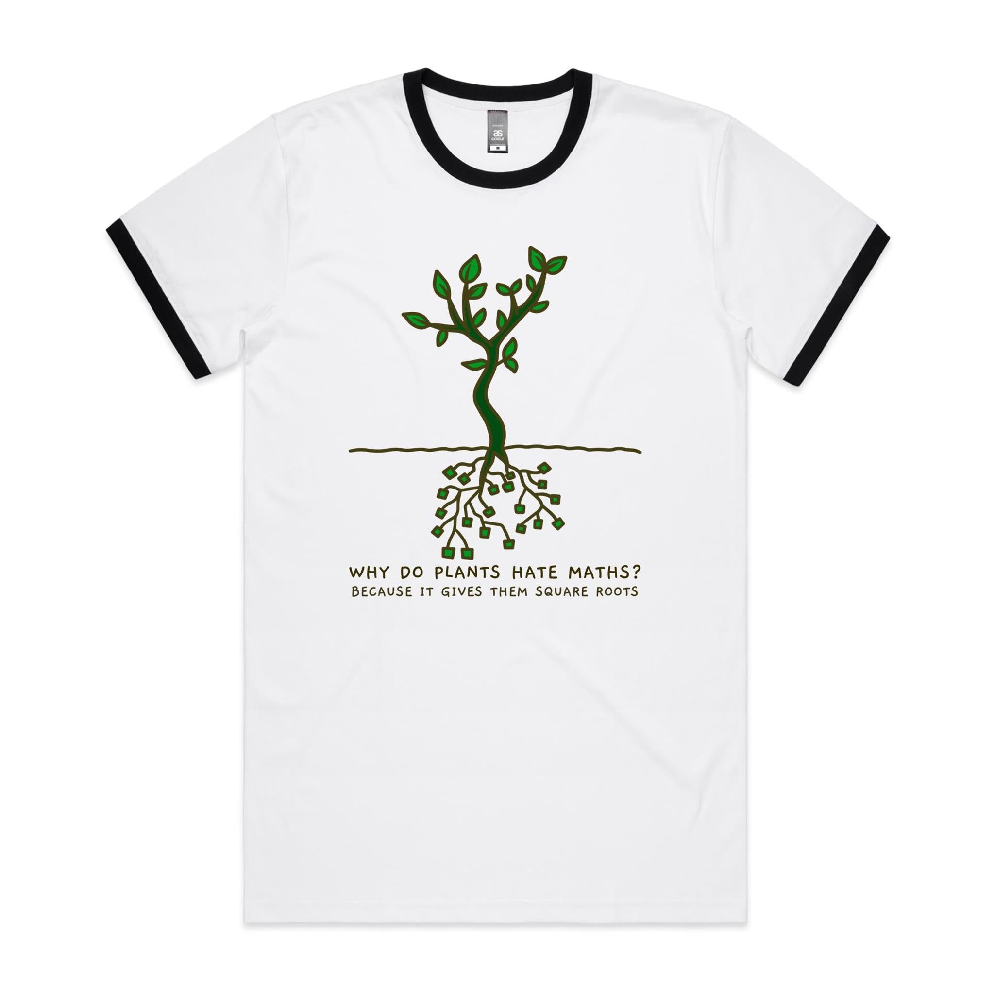 Square Roots, Maths Pun - Staple Ringer Tee White Black Ringer T-Shirt Maths Printed In Australia