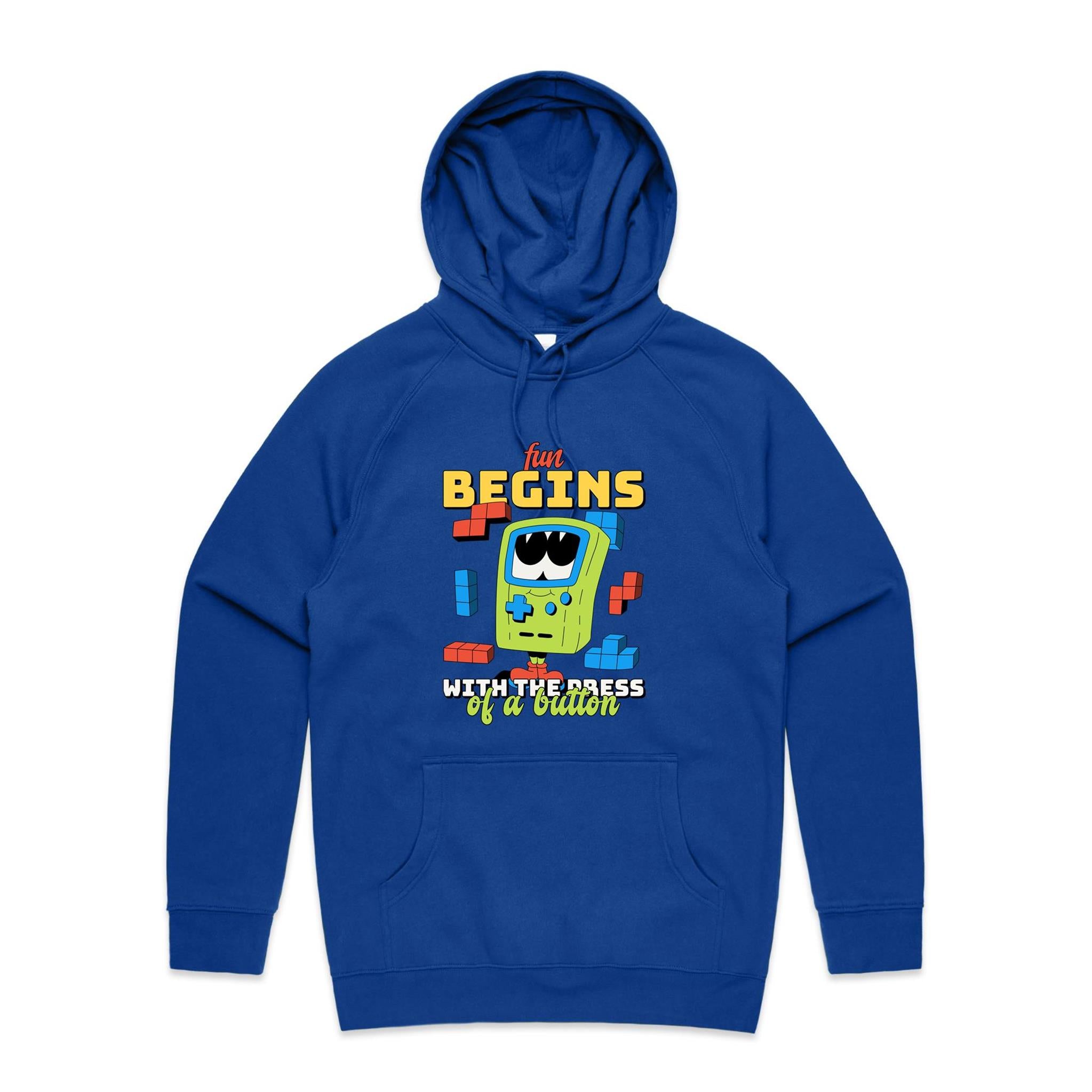 Fun Begins With The Press Of A Button, Games - Mens Hoodie Bright Royal Mens Hoodie Games Printed In Australia