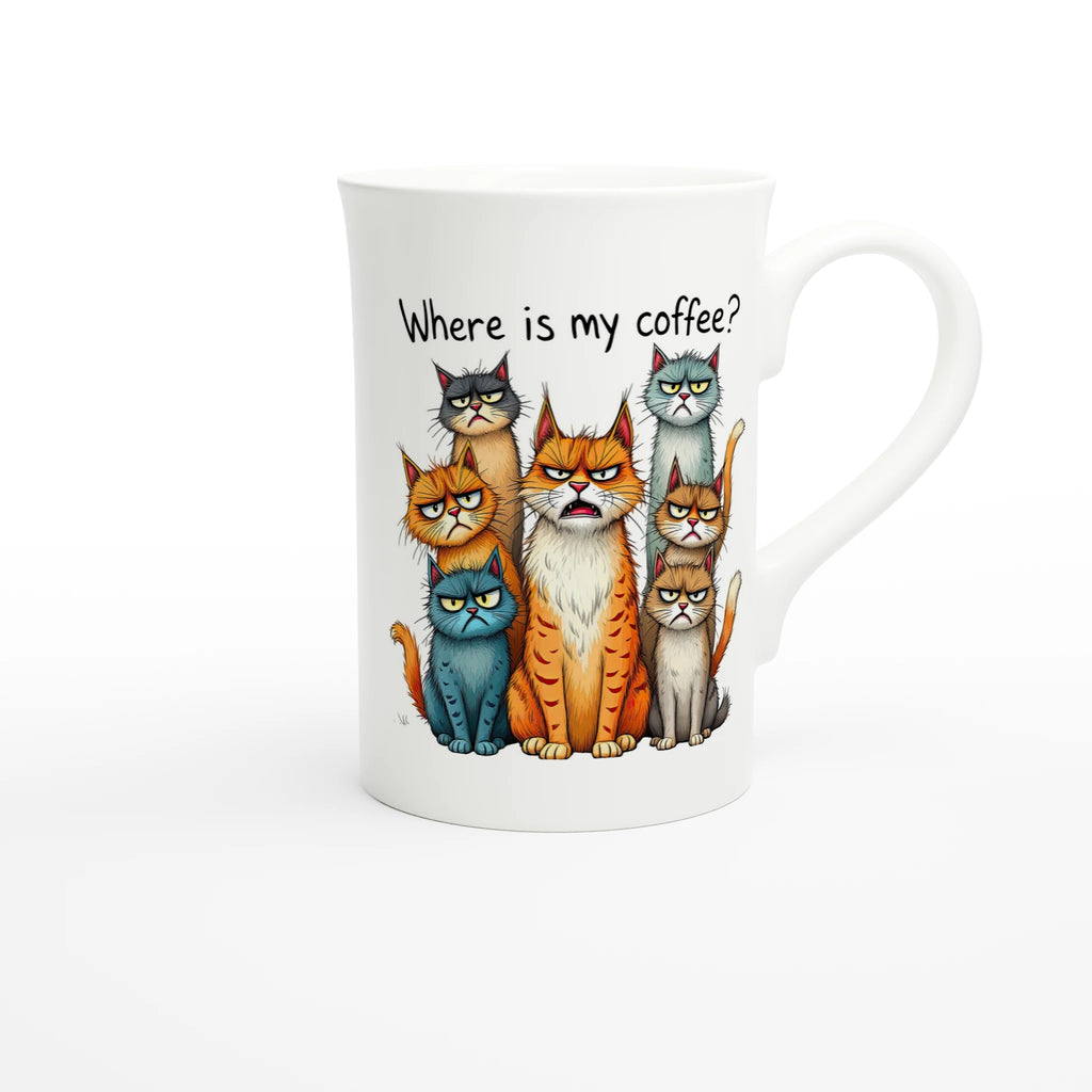 Where Is My Coffee, Cranky Cats - White 10oz Porcelain Slim Mug Porcelain Mug animal Coffee Globally Fulfilled