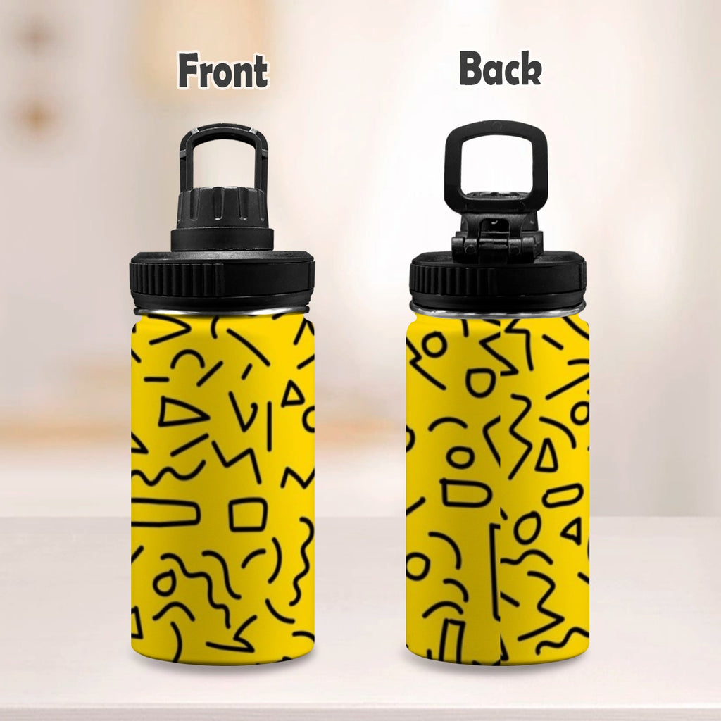 Black Squiggle On Yellow - Kids Water Bottle with Chug Lid (12 oz)