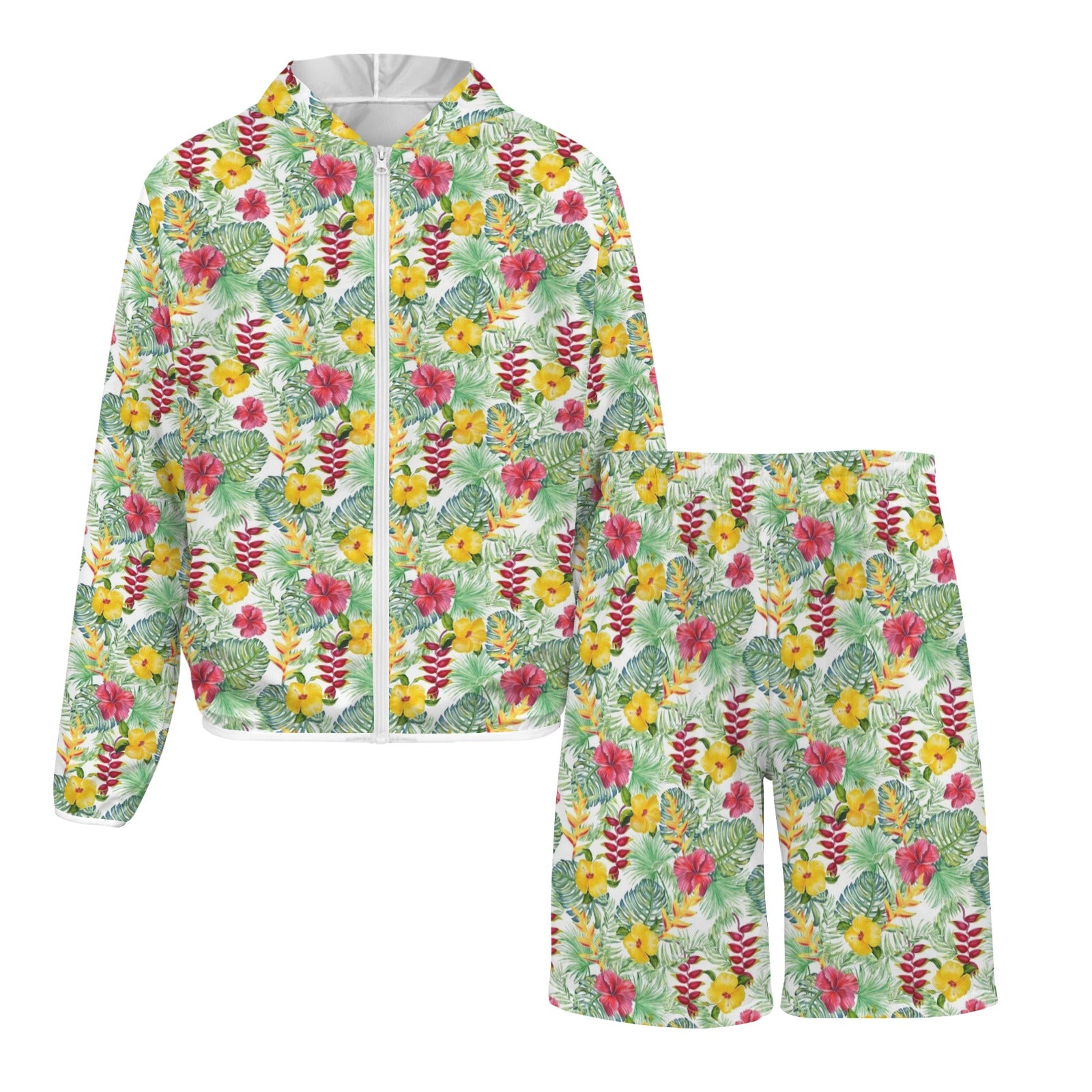 Tropical Flowers On White Men's Lightweight Sun Hoodie & Shorts Set Men's Lightweight Sun Hoodie & Shorts Plants Printed Offshore
