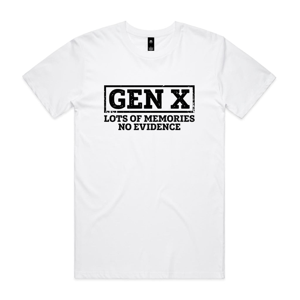 Gen X, Lots Of Memories, No Evidence Men's AS Colour T-shirt White Mens T-shirt Printed In Australia