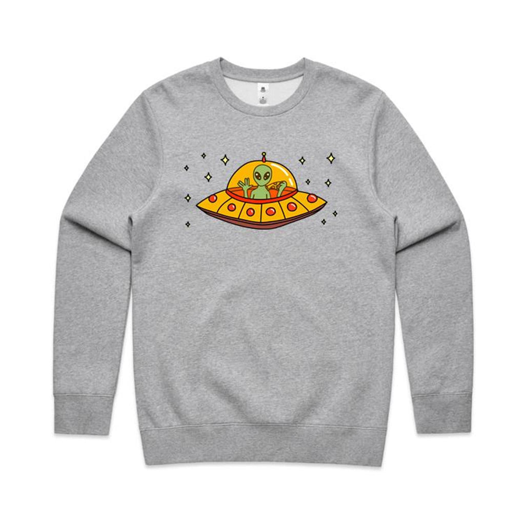 Alien Pizza - AS Colour Stencil Crew Grey Marle Sweatshirt Food Printed In Australia Sci Fi