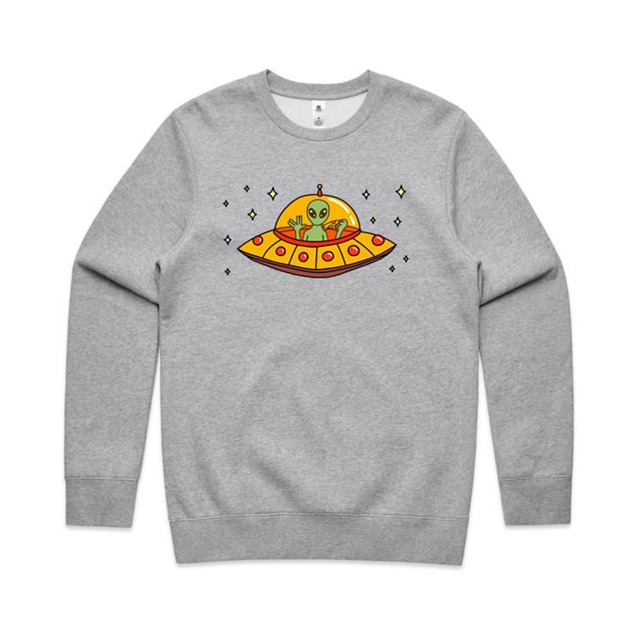 Alien Pizza - AS Colour Stencil Crew Grey Marle Sweatshirt Food Printed In Australia Sci Fi