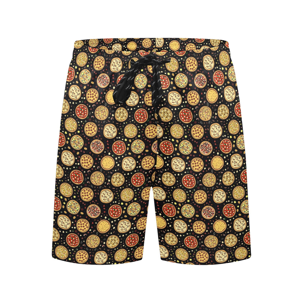 Round Pizzas On Black Men's Mid-Length Beach Shorts Men's Mid-Length Beach Shorts Food Printed Offshore