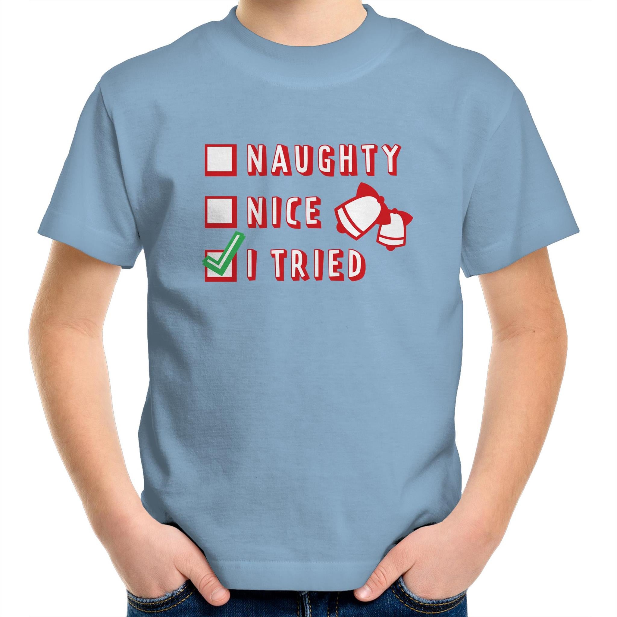 Naughty, Nice, I Tried, Santa's Christmas List - Kids Youth T-Shirt Carolina Blue Kids Christmas T-shirt Christmas Printed In Australia