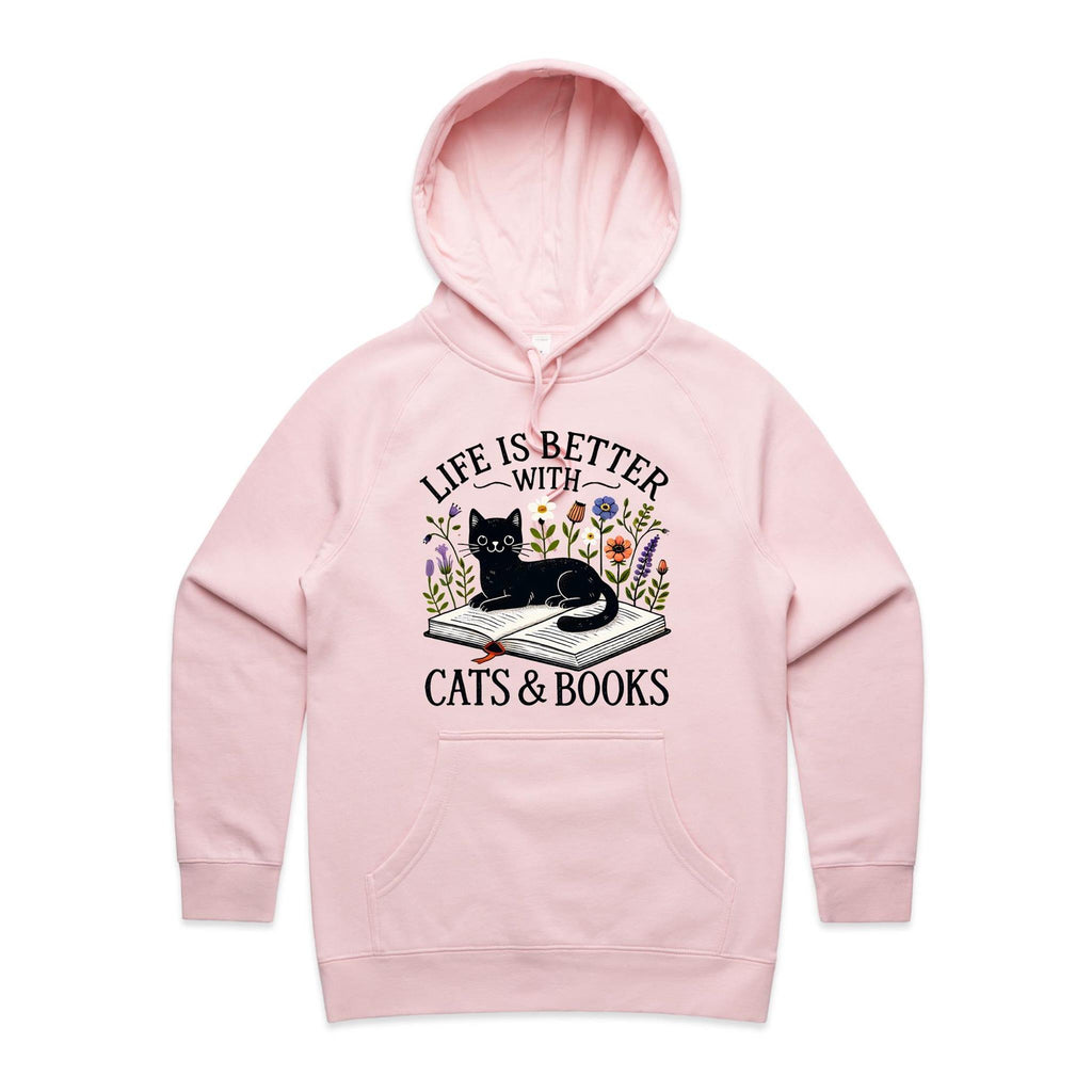 Life Is Better With Cats And Books - Womens Hoodie Pink Womens Hoodie animal Printed In Australia Reading
