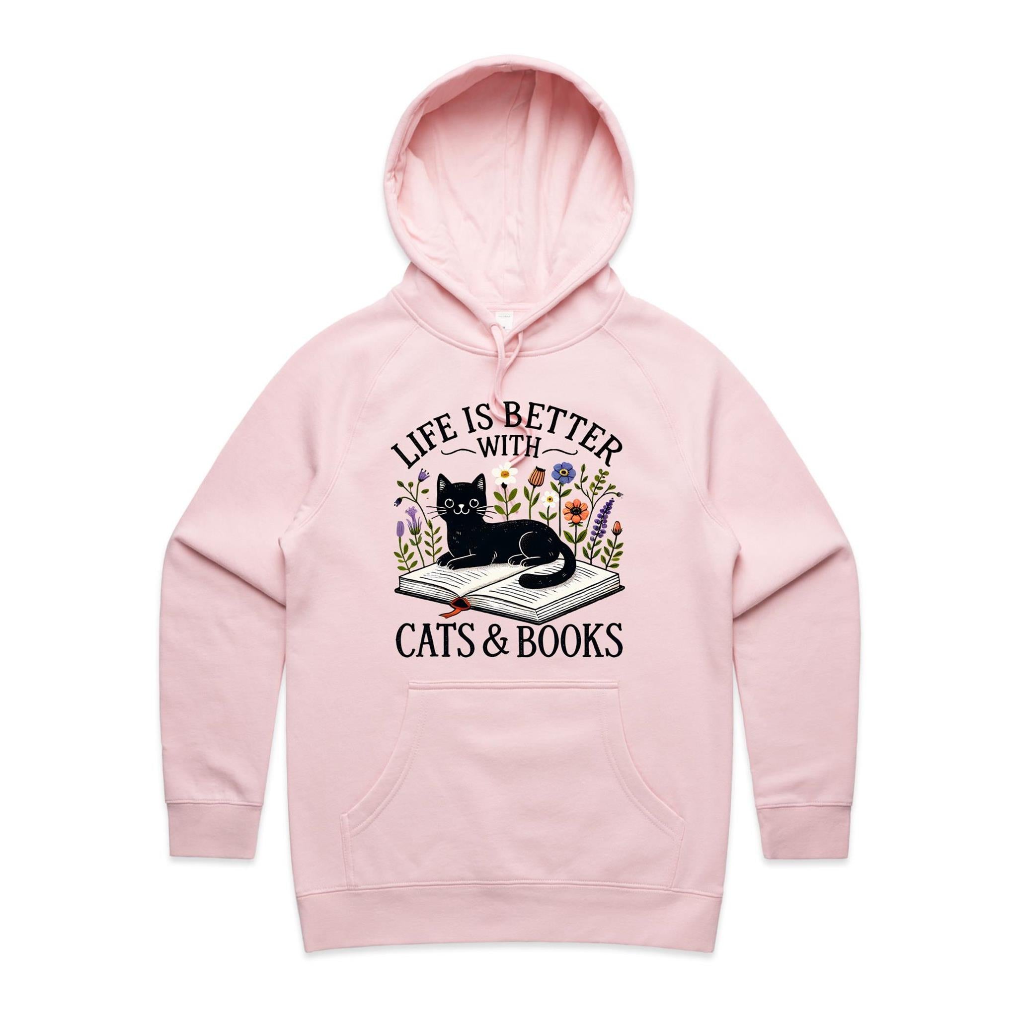Life Is Better With Cats And Books - Womens Hoodie Pink Womens Hoodie animal Printed In Australia Reading
