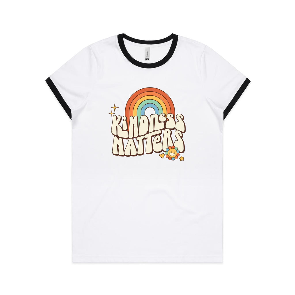Kindness Matters - Women's Ringer Tee White Black Womens Ringer T-shirt Kindness Positivity Printed In Australia Retro