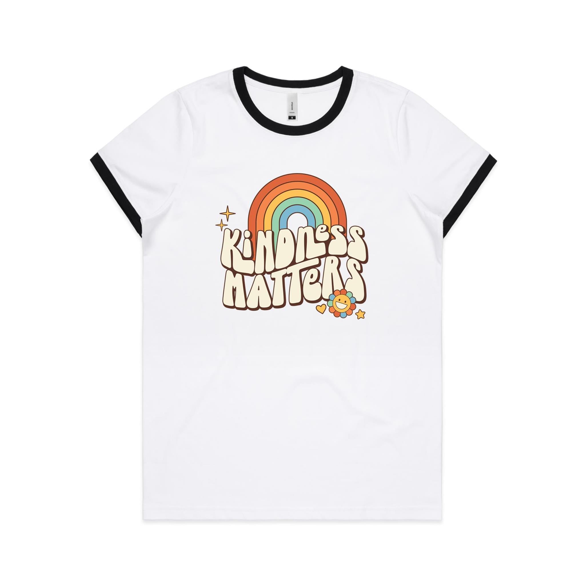 Kindness Matters - Women's Ringer Tee White Black Womens Ringer T-shirt Kindness Positivity Printed In Australia Retro