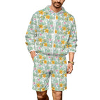 Tropical Flowers And Leaves Men's Lightweight Sun Hoodie & Shorts Set 4XL Men's Lightweight Sun Hoodie & Shorts Plants Printed Offshore
