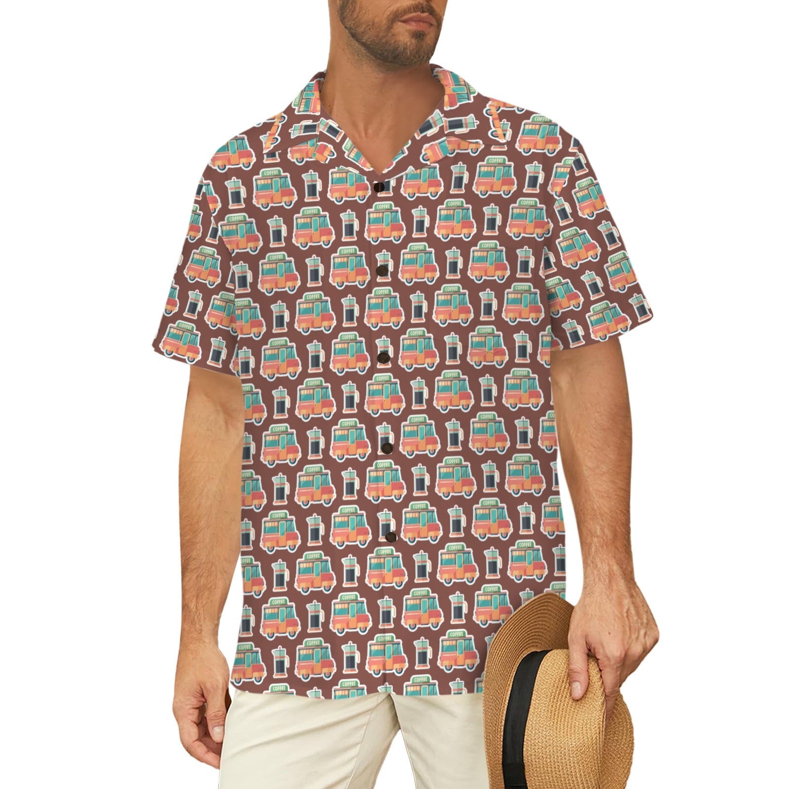 Coffee Van Men's Short Sleeve Hawaiian Shirt Men's Hawaiian Shirt (New) Coffee Printed Offshore