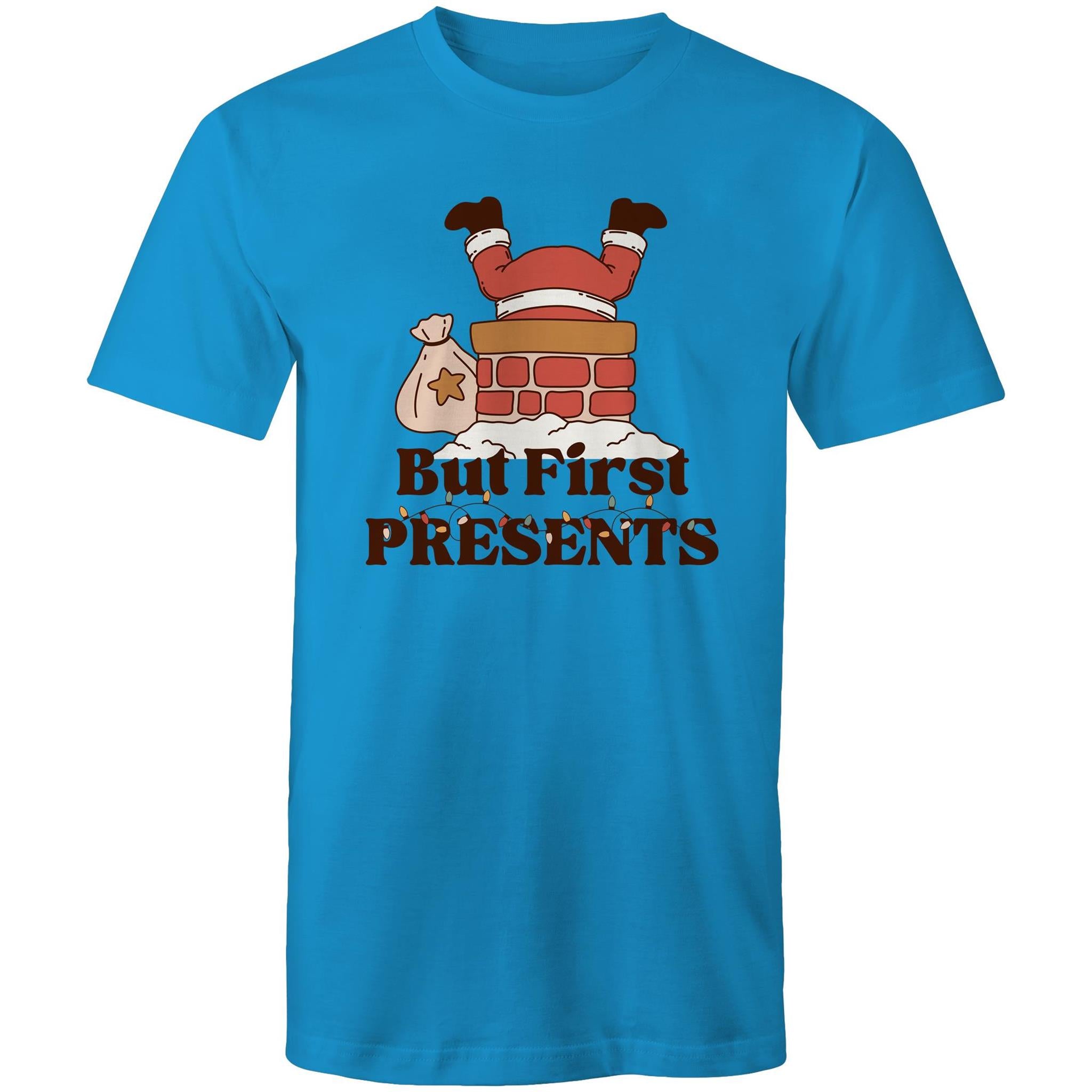 But First Presents, Santa In Chimney - Mens T-Shirt Arctic Blue