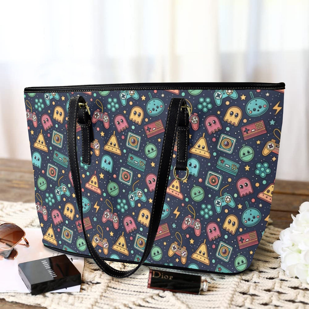 Video Game PU Leather Tote Bag Large Leather Tote Bag-Large Games Printed Offshore Retro