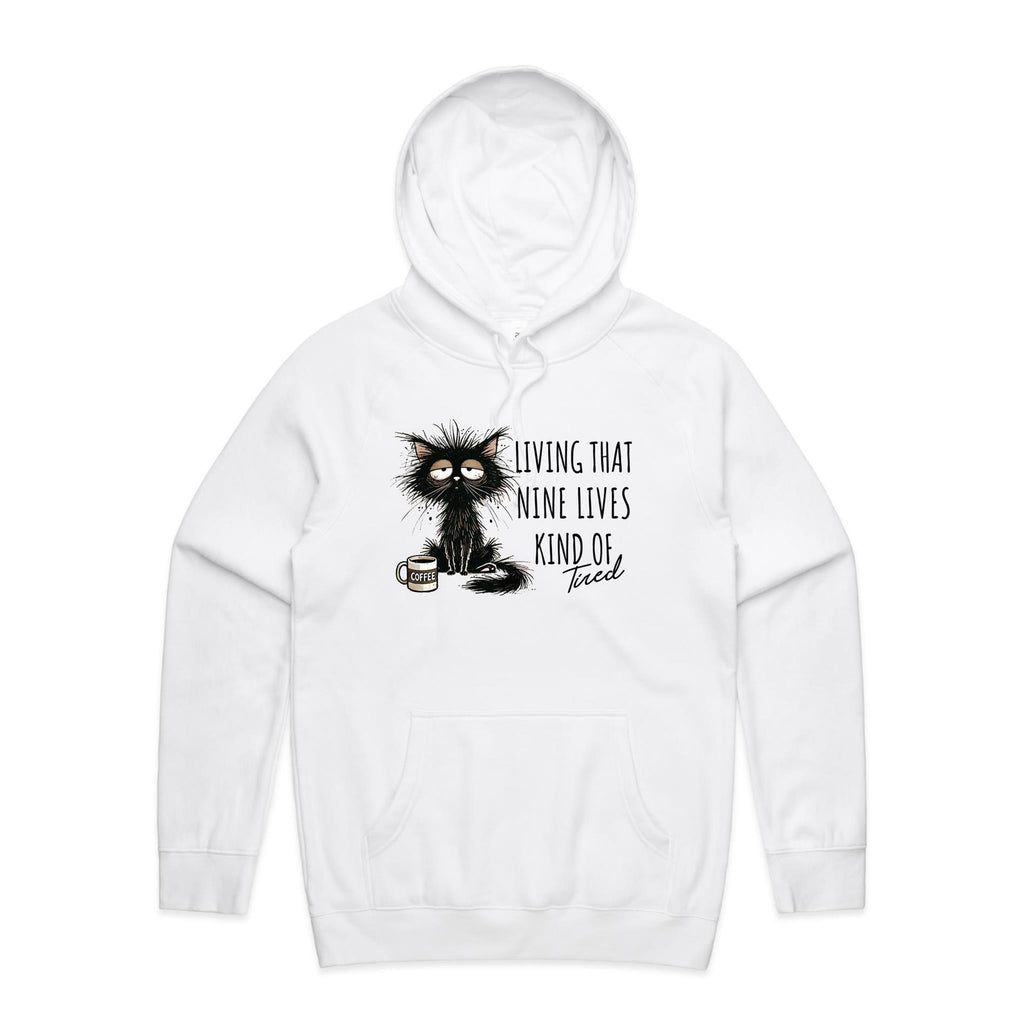 Living That Nine Lives Kind Of Tired, Frazzled Cat - Mens Hoodie White Mens Hoodie animal Coffee Printed In Australia
