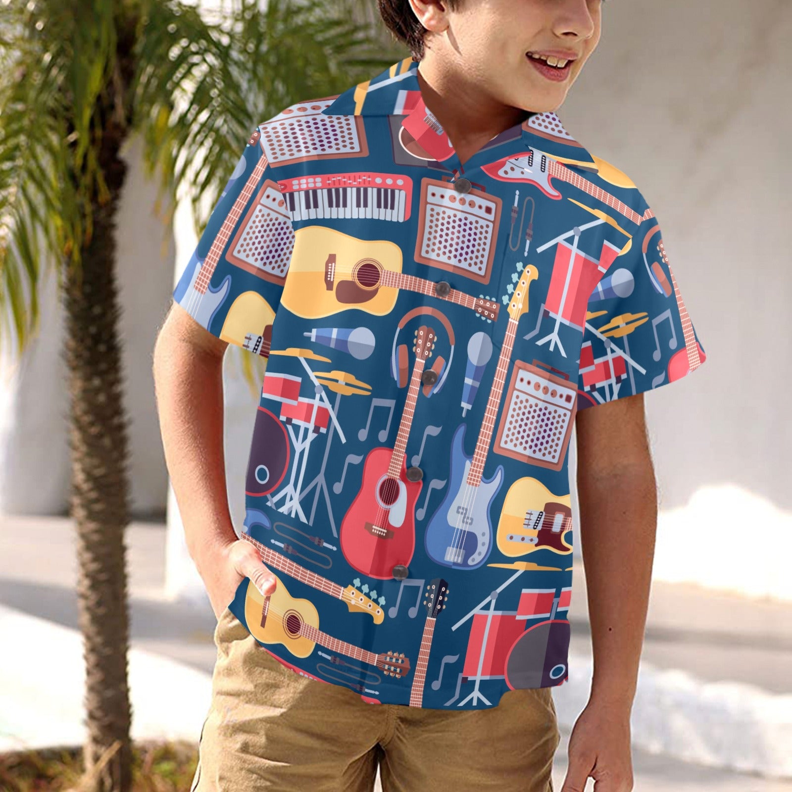 Music Instruments Blue - Junior Kids Hawaiian Shirt