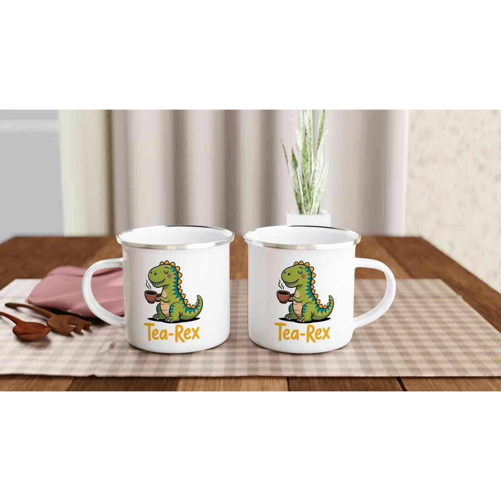 Personalised Tea-Rex, Tea Drinking Dinosaur White 12oz Enamel Mug Personalised Enamel Mug Globally Fulfilled Tea