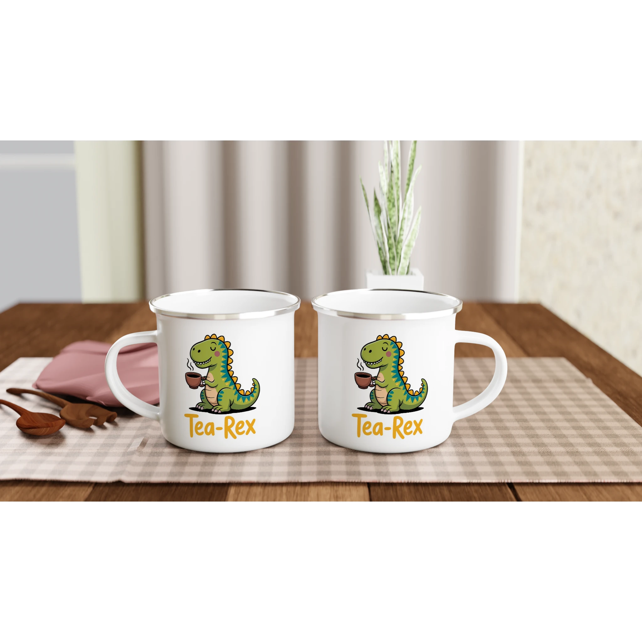Personalised Tea-Rex, Tea Drinking Dinosaur White 12oz Enamel Mug Personalised Enamel Mug Globally Fulfilled Tea
