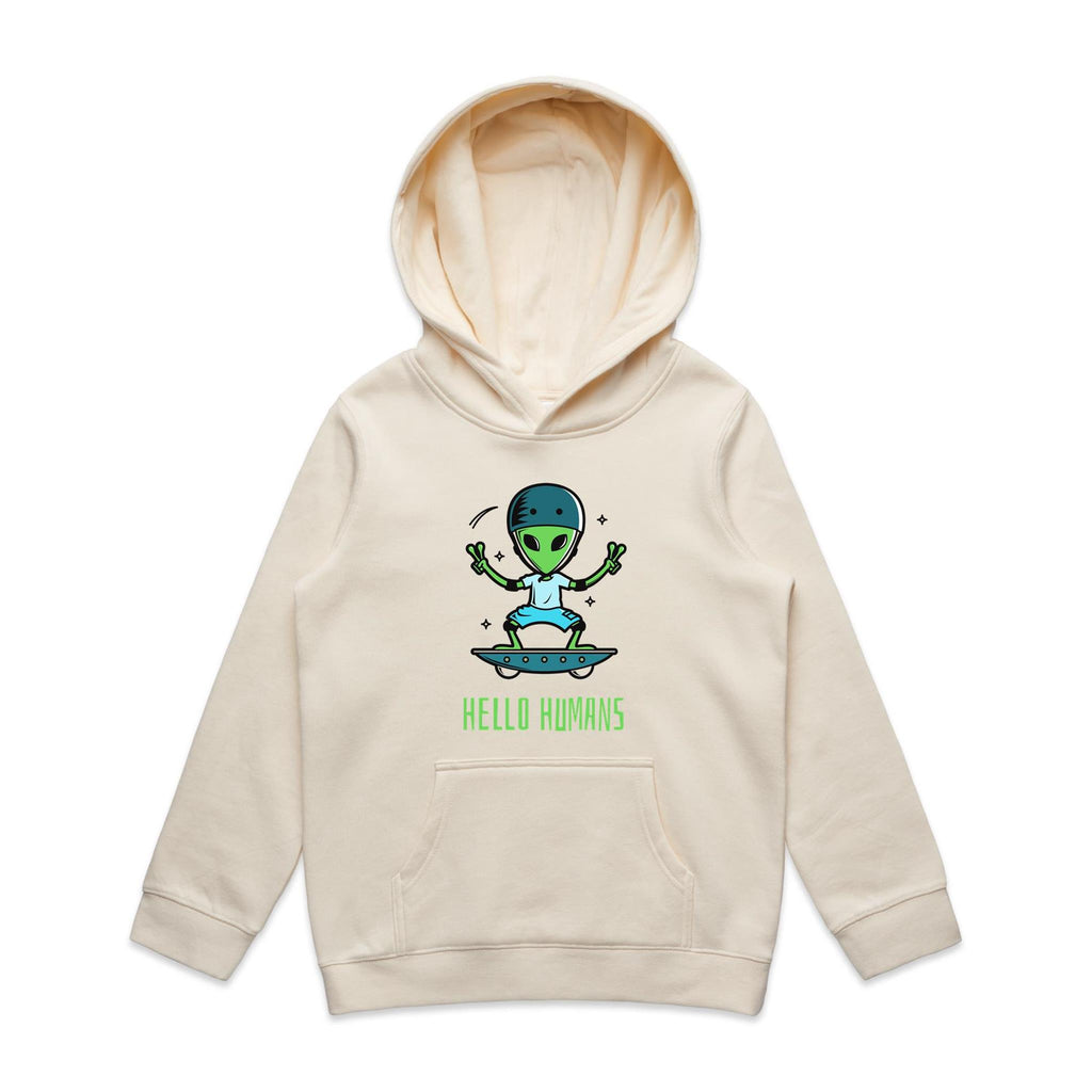 Alien Skate, Hello Humans - Kids Hoodie Ecru Kids Hoodie Printed In Australia