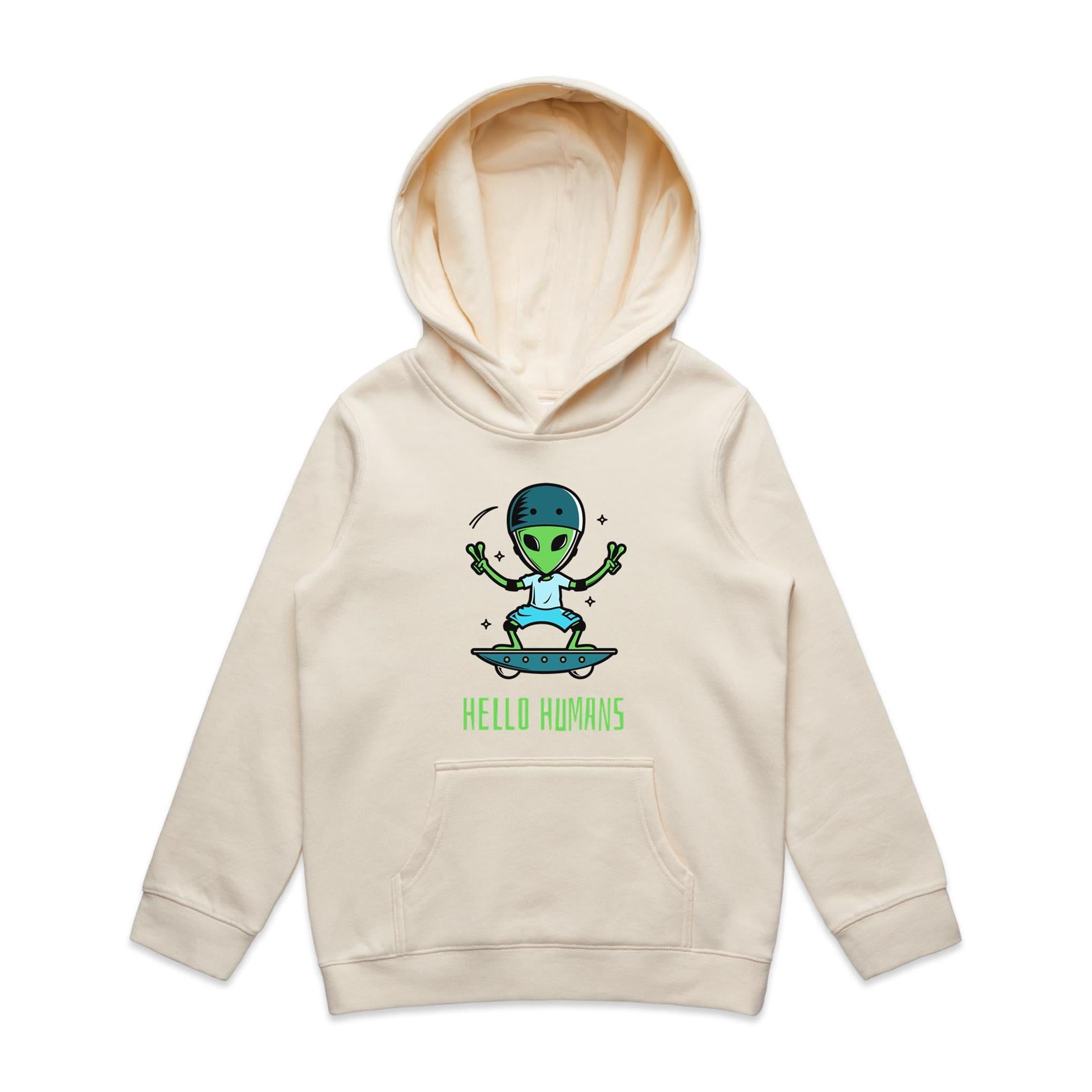 Alien Skate, Hello Humans - Kids Hoodie Ecru Kids Hoodie Printed In Australia
