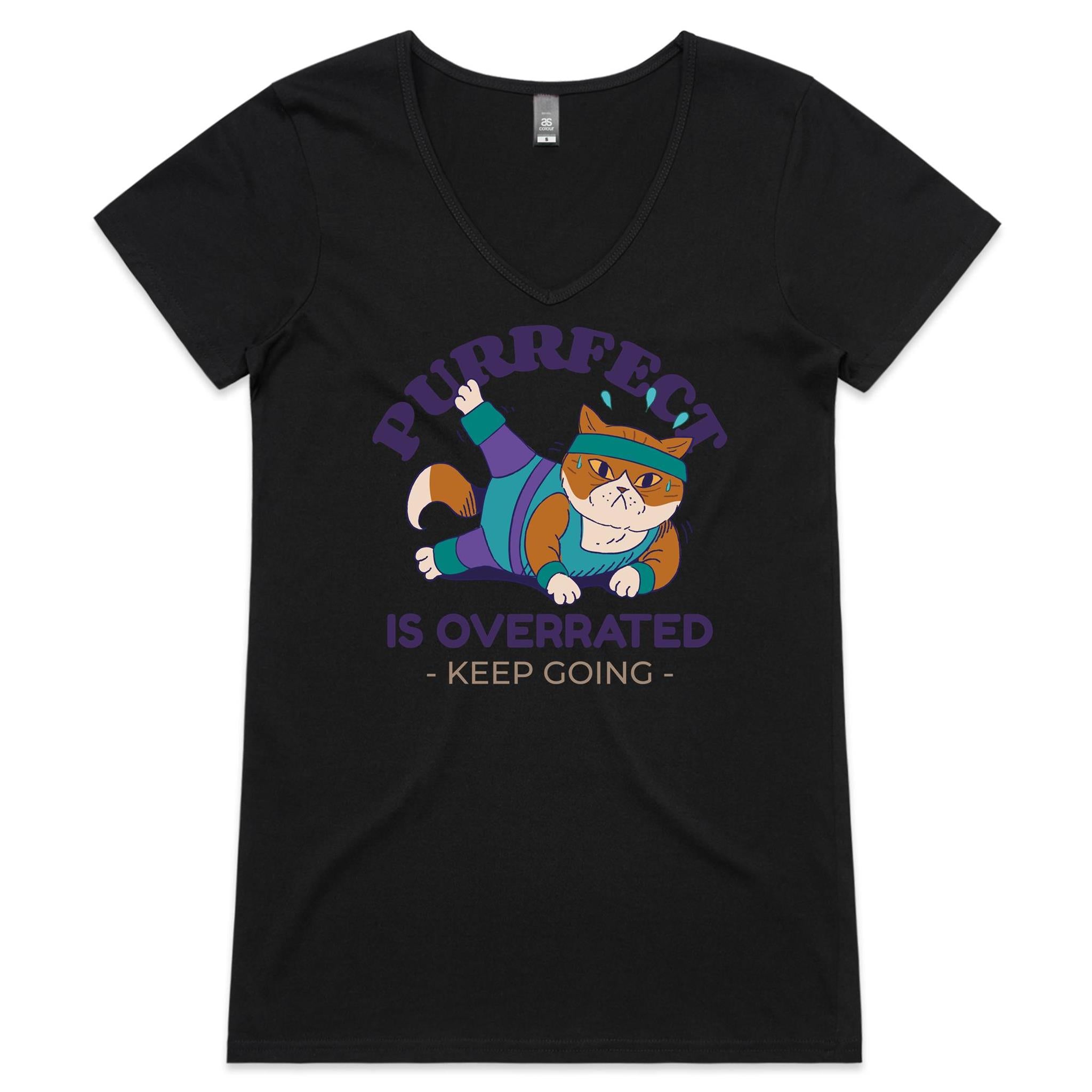 Purrfect Is Overrated, Fitness Cat - Womens V-Neck T-Shirt Black Womens Active V-Neck T-shirt Fitness Printed In Australia