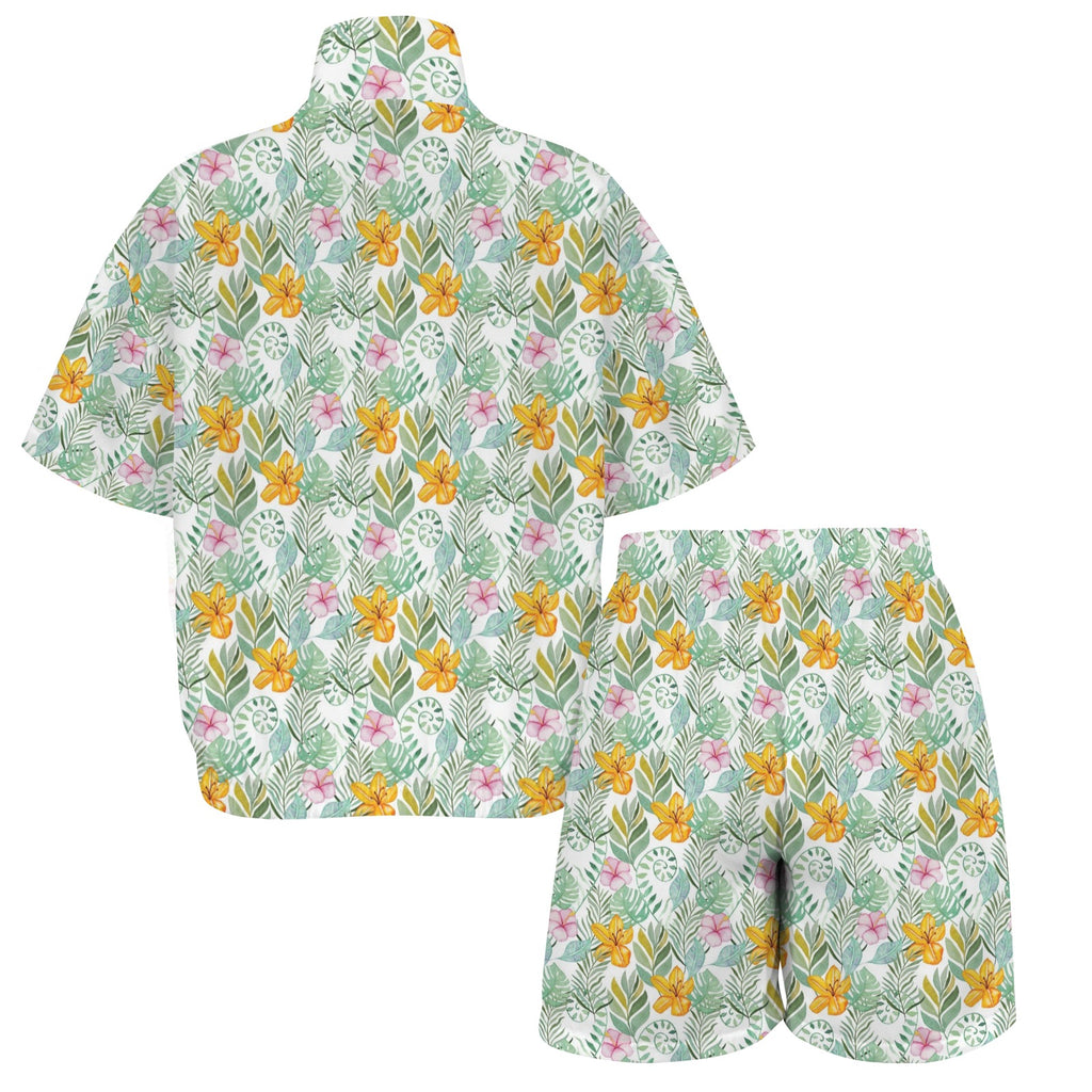 Tropical Flowers And Leaves Women's Windbreaker Short Set Women's Windbreaker Short Set Plants Printed Offshore