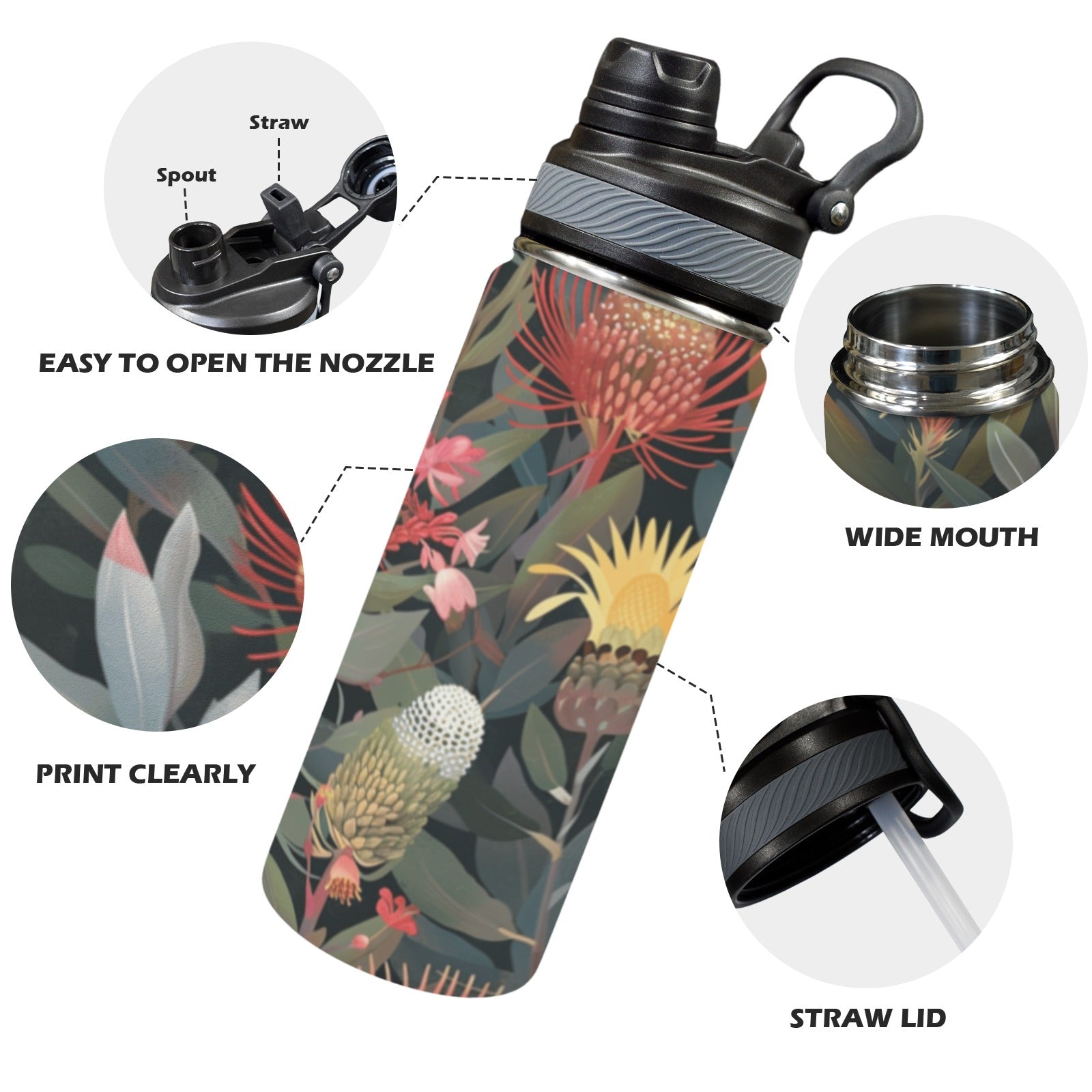 Australian Native Flowers - Insulated Water Bottle with Dual-Use Lid (18oz) Insulated Water Bottle with Dual-Use Lid (18oz) Plants Printed Offshore