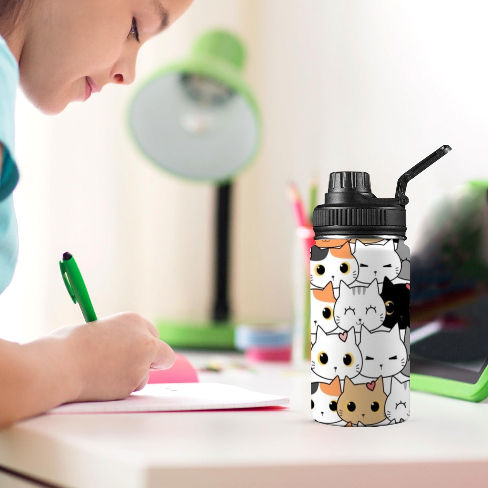 Cute Cartoon Cats - Kids Water Bottle with Chug Lid (12 oz) Kids Water Bottle with Chug Lid animal Printed Offshore