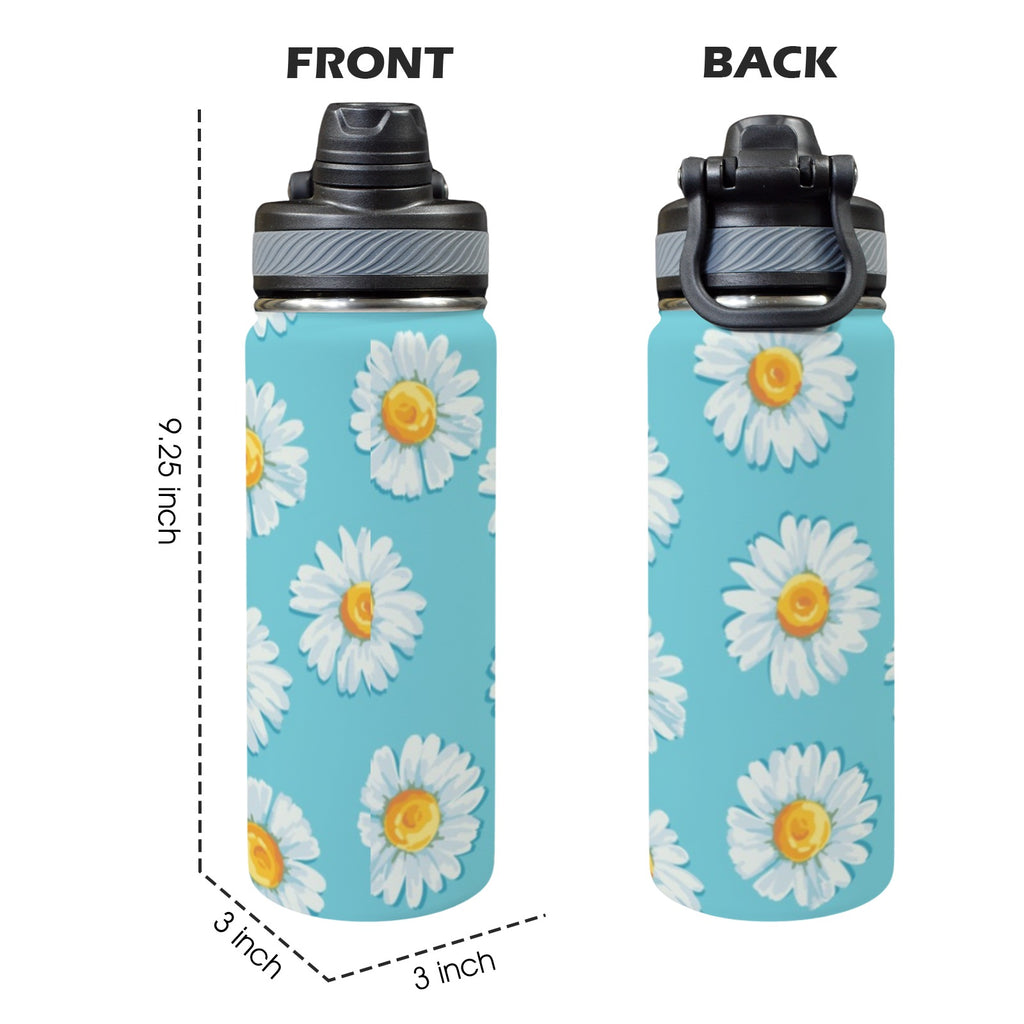 Daisies On Blue - Insulated Water Bottle with Dual-Use Lid (18oz) Insulated Water Bottle with Dual-Use Lid (18oz) Plants Printed Offshore