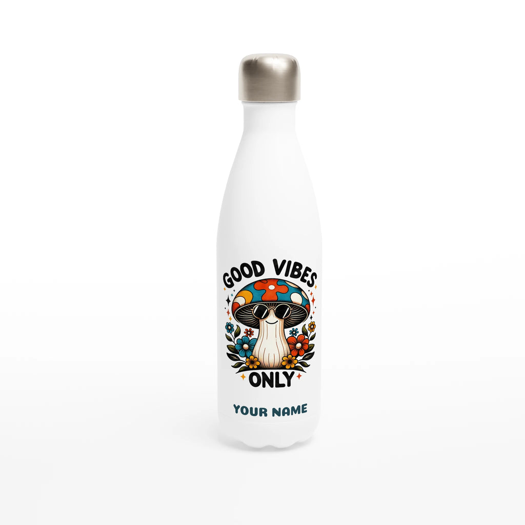 Personalised - Good Vibes Only, Hippie Mushroom With Sunglasses - White 17oz Stainless Steel Water Bottle Default Title Personalised Water Bottle Globally Fulfilled Positivity