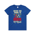 Never Too Young To Rock N Roll Kid's AS Colour T-shirt Bright Royal Kids Youth T-shirt Music Printed In Australia