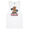 Gingerbread Man Christmas Bod Men's AS Colour Drop Arm Tank Top White Drop Arm Tank Top Christmas Fitness Food Printed In Australia