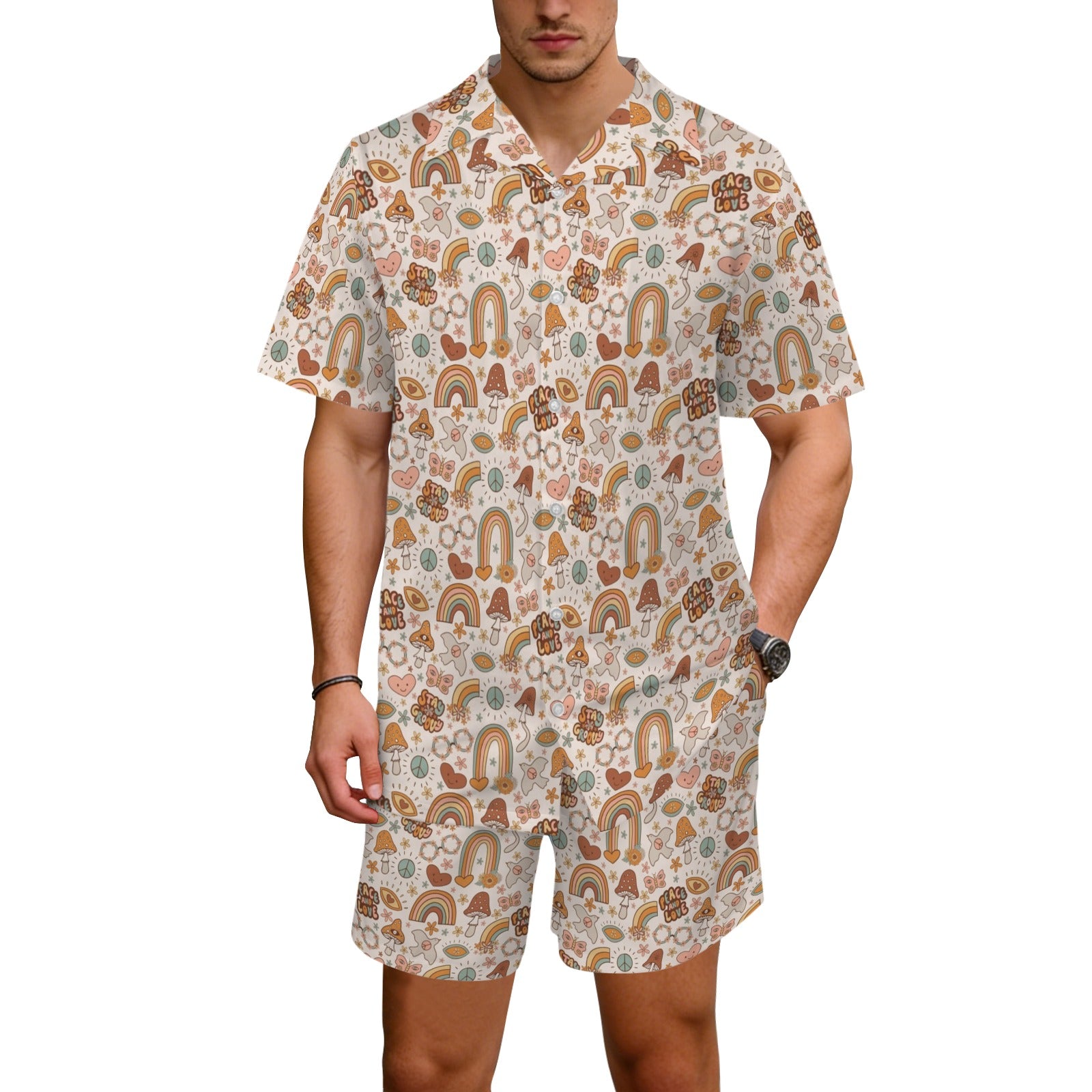 Peace And Love Men's Hawaiian Shirt & Shorts Set Men's Hawaiian Shirt & Shorts Set Printed Offshore Retro
