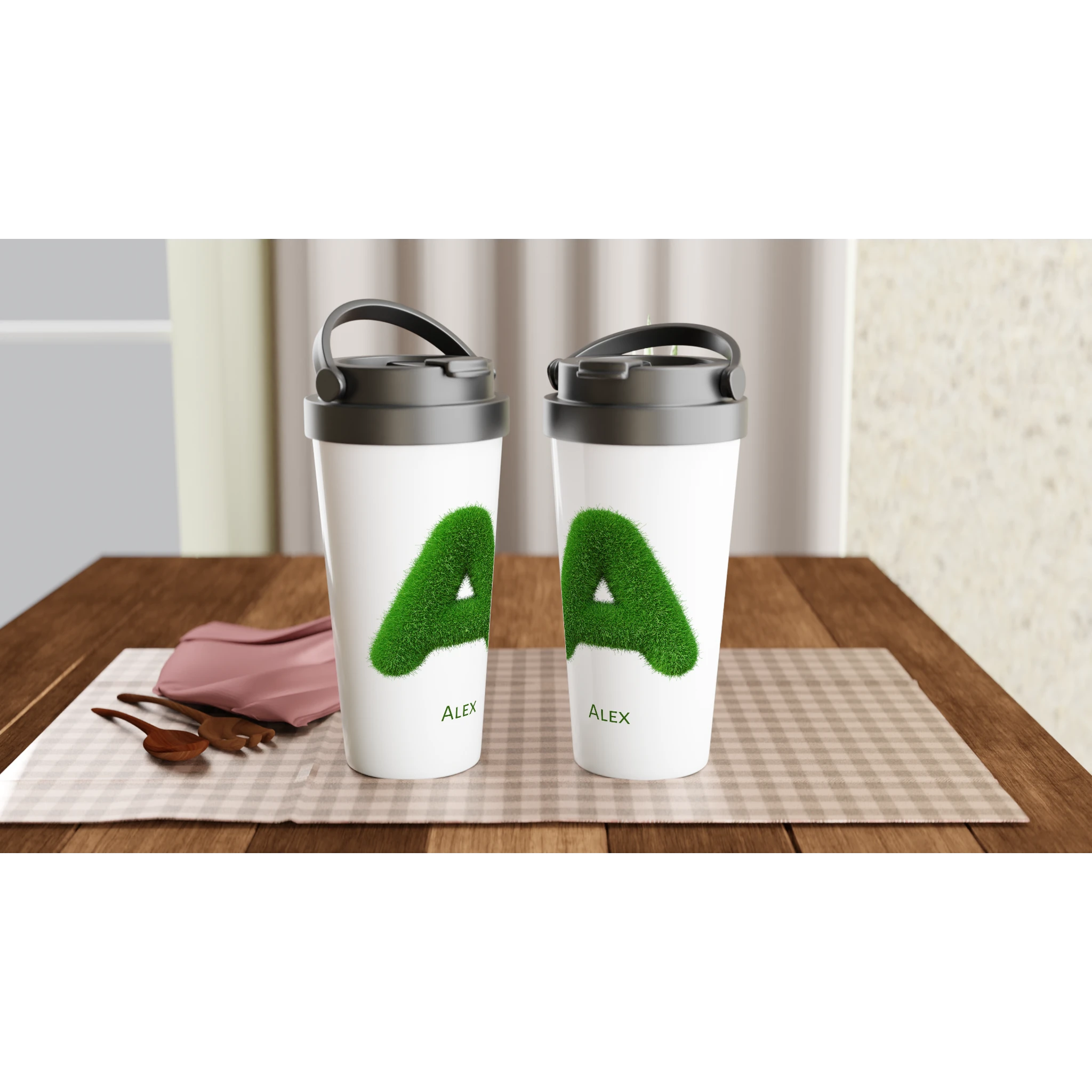 Personalised - Grass Initial - White 15oz Stainless Steel Travel Mug Personalised Travel Mug Customise Globally Fulfilled Initial Name Personalise