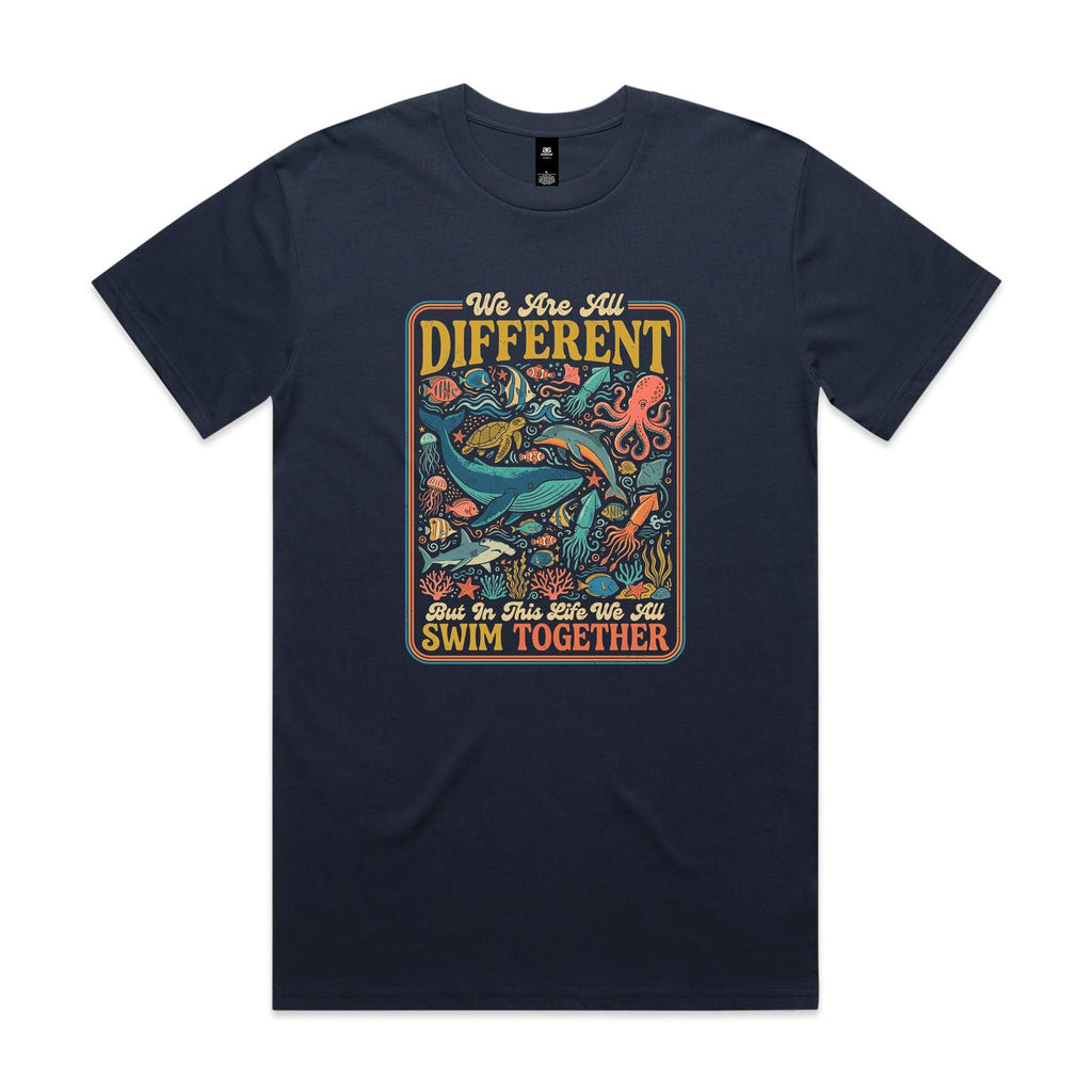 We Are All Different, But We All Swim Together Men's AS Colour T-shirt Midnight Blue Mens T-shirt animal Ocean Positivity Printed In Australia