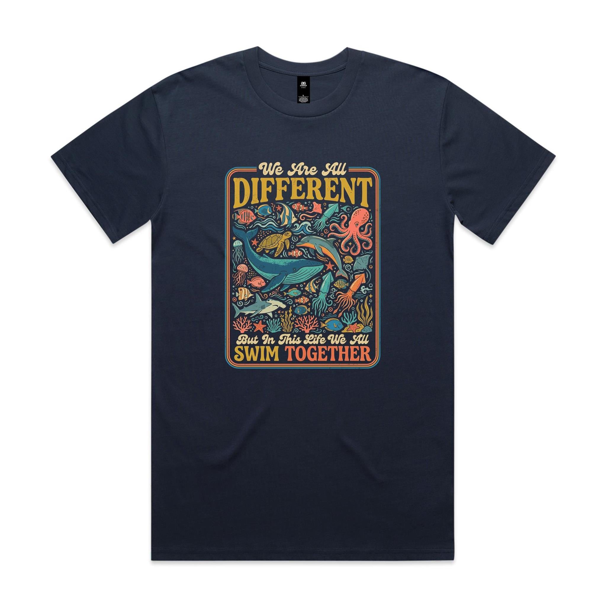 We Are All Different, But We All Swim Together - Men's AS Colour T-shirt Midnight Blue Mens T-shirt animal Ocean Positivity Printed In Australia