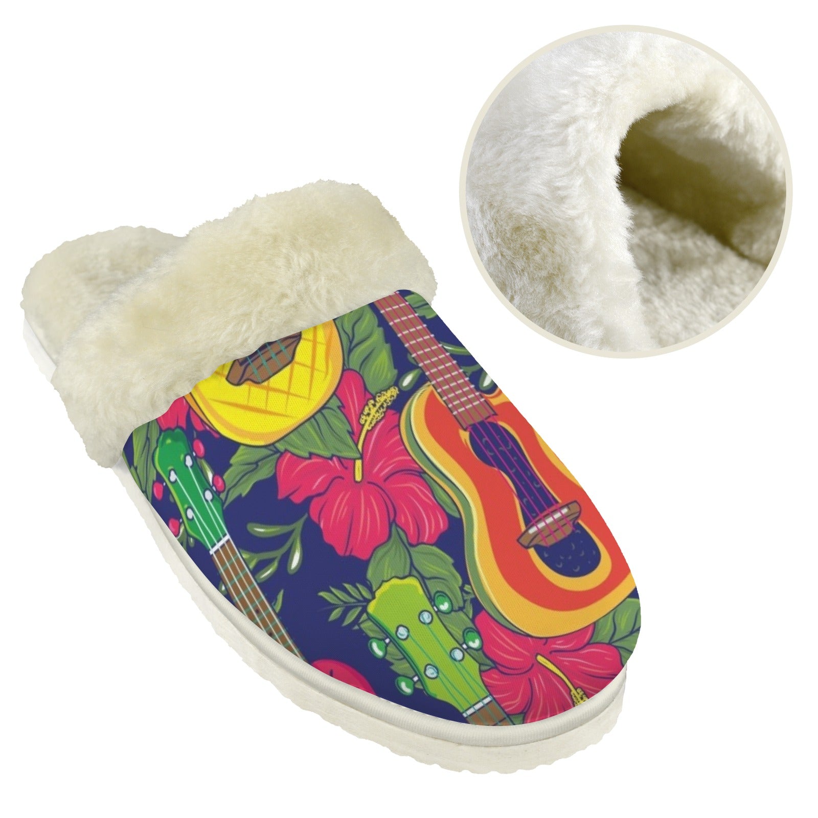 Colourful Ukulele Women's Fur Trim Thick-Sole Indoor Slippers Women's Fur Trimmed Slippers Music Printed Offshore