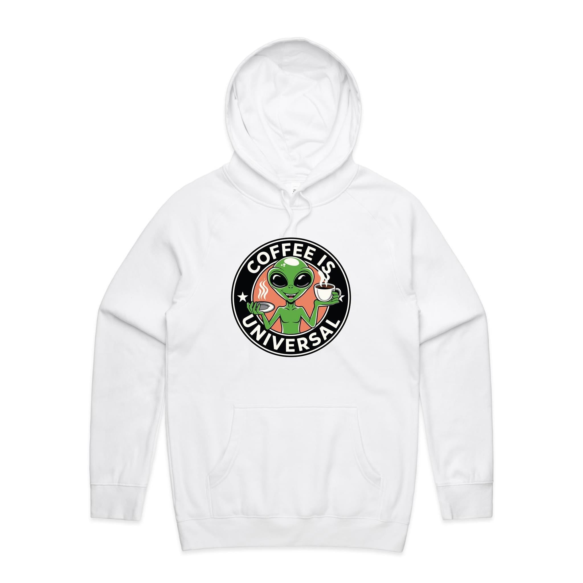 Coffee Is Universal, Alien - Mens Hoodie White Mens Hoodie Coffee Printed In Australia Sci Fi