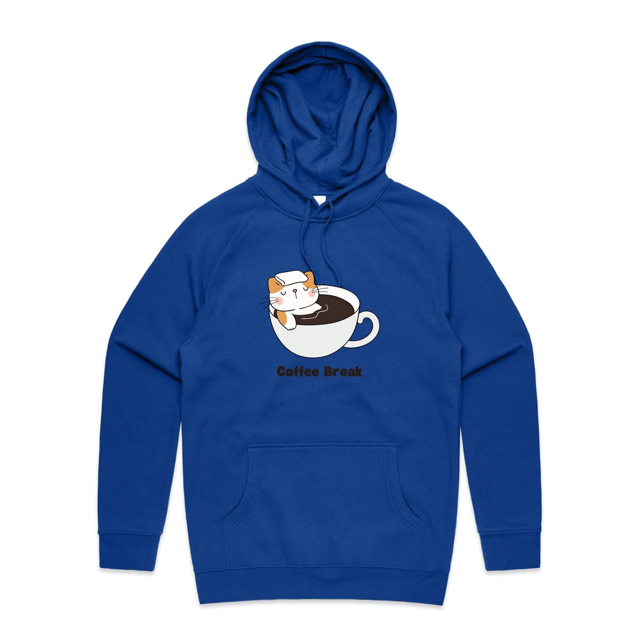 Coffee Break, Cat - Mens Hoodie Bright Royal Mens Hoodie animal Coffee Printed In Australia