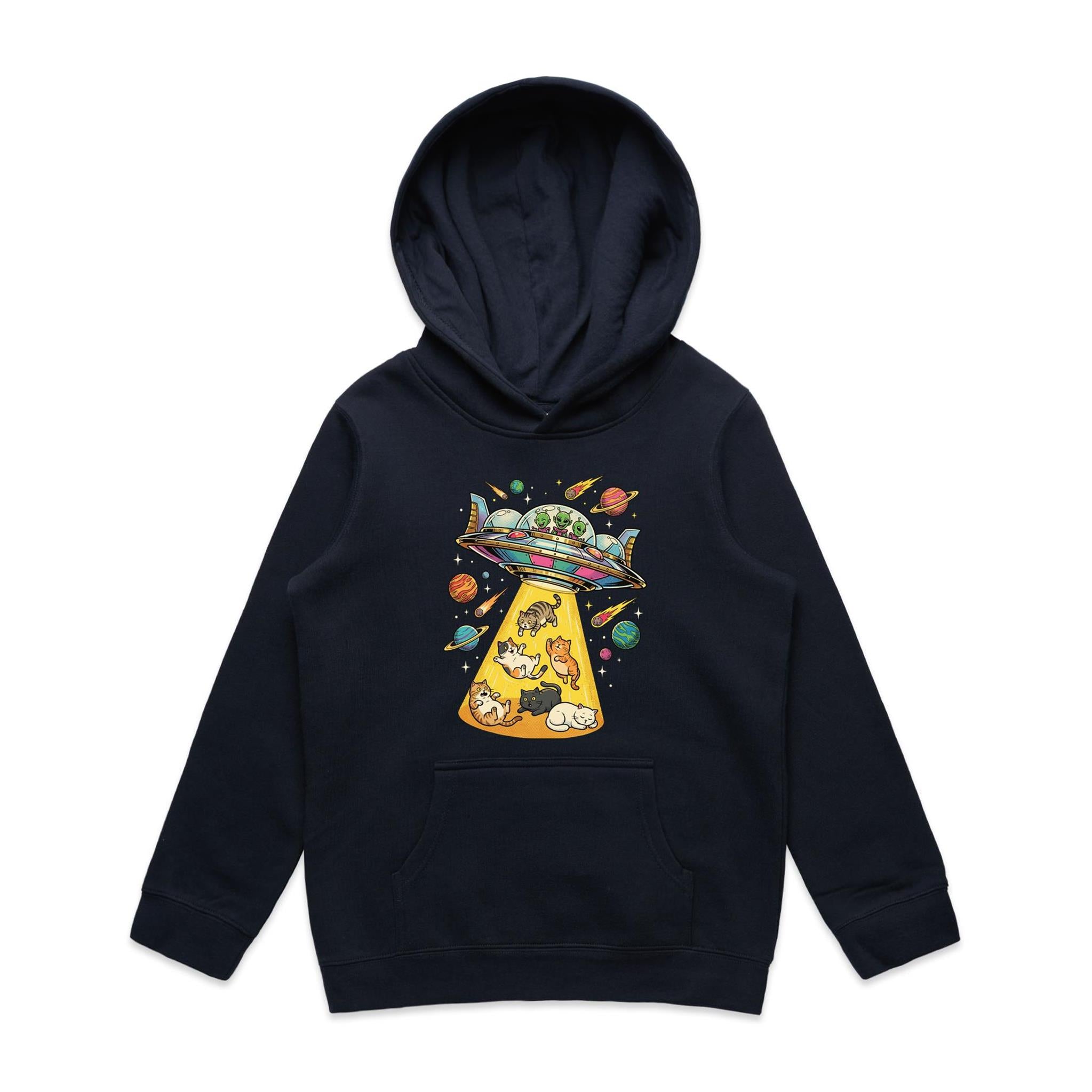 UFO Cat Abduction - Kid's AS Colour Hoodie Navy Kids Hoodie animal Printed In Australia Sci Fi