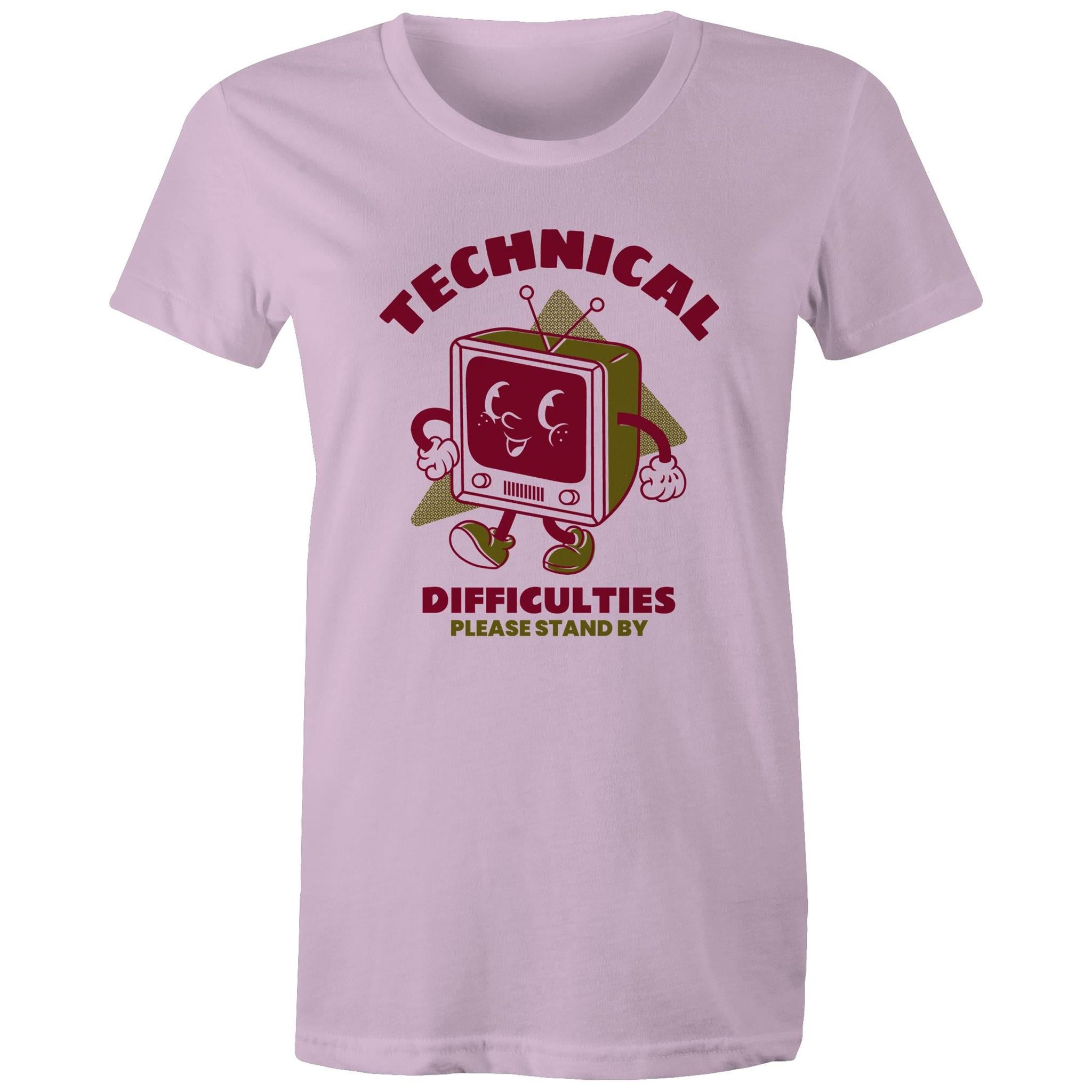 Retro TV, Technical Difficulties - Womens T-shirt Lavender Womens T-shirt Printed In Australia Retro Tech