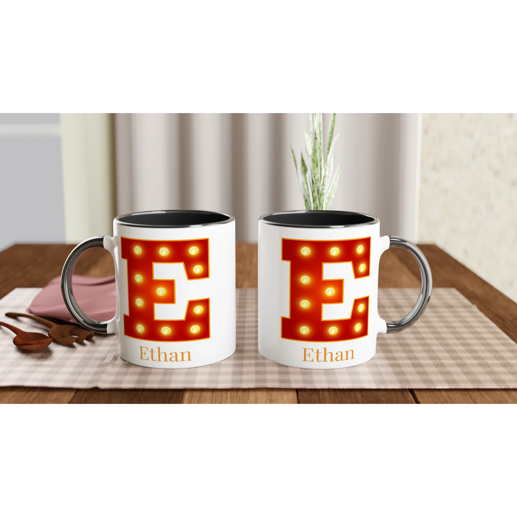 Personalised - Marquee Lights Initial - White 11oz Ceramic Mug with Color Inside Personalised 11oz Mug Customise Globally Fulfilled Personalise