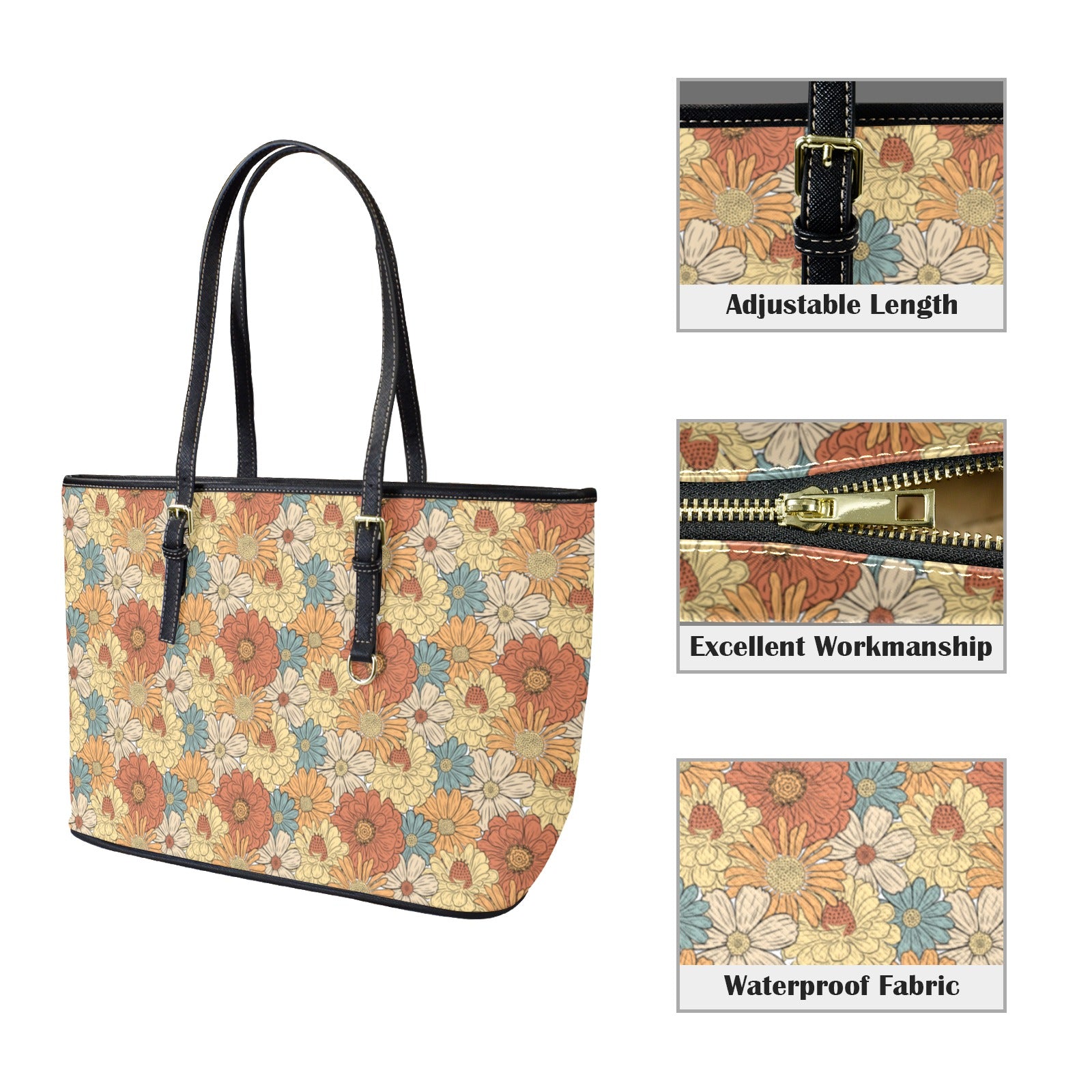 Vintage Retro Floral - PU Leather Tote Bag - Large