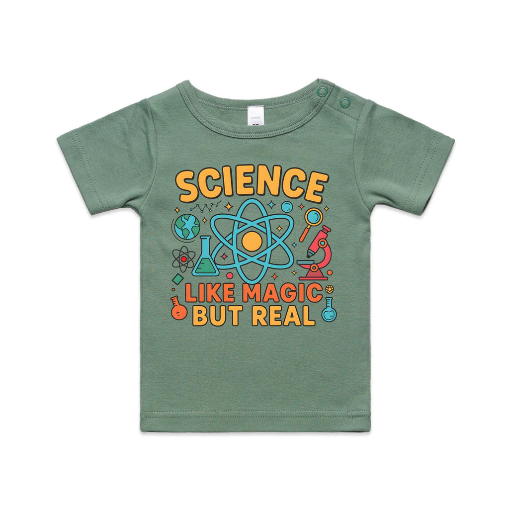 Science, Like Magic But Real AS Colour Baby T-shirt Sage Baby T-shirt Printed In Australia Science