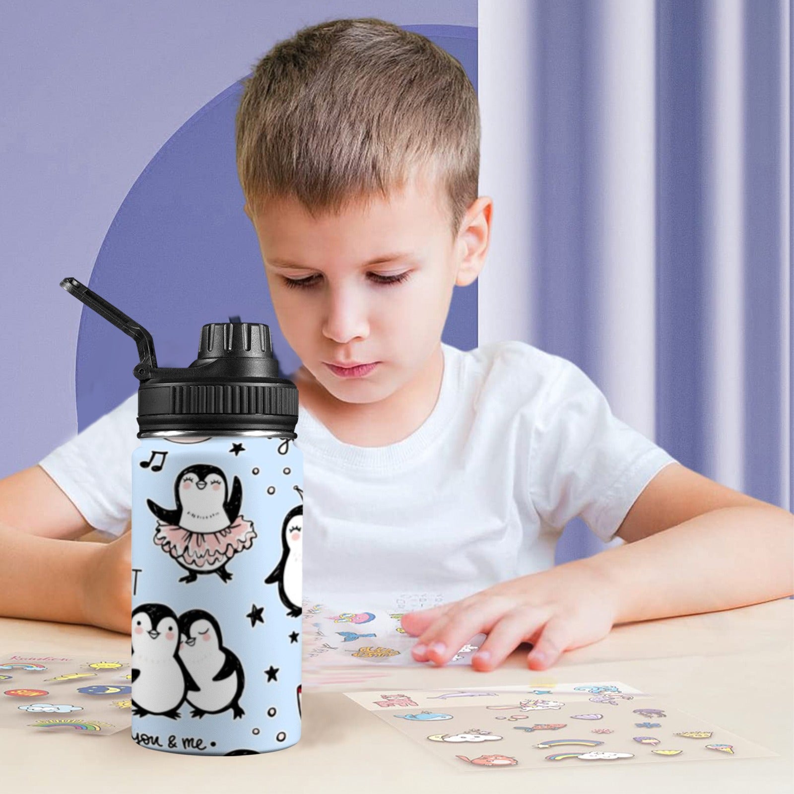Penguin Love - Kids Water Bottle with Chug Lid (12 oz) Kids Water Bottle with Chug Lid animal Printed Offshore